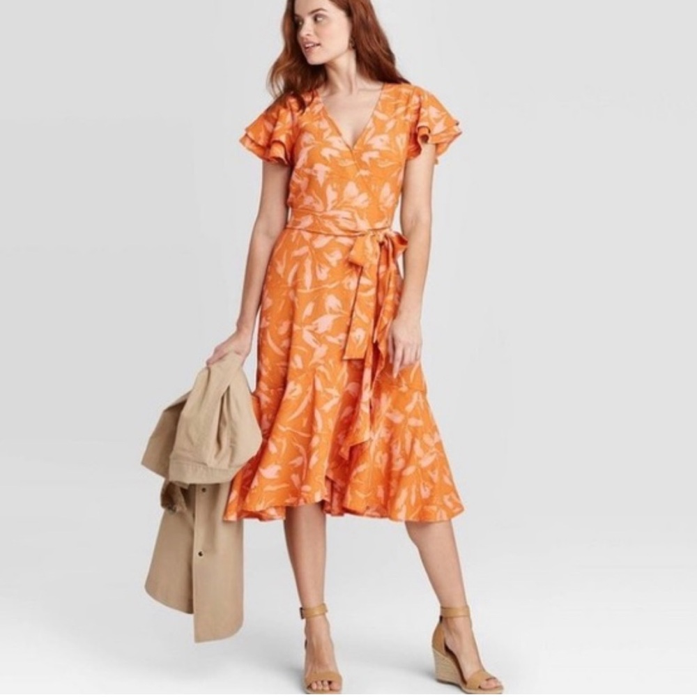 Orange Floral ruffle Midi Dress wedding guest
